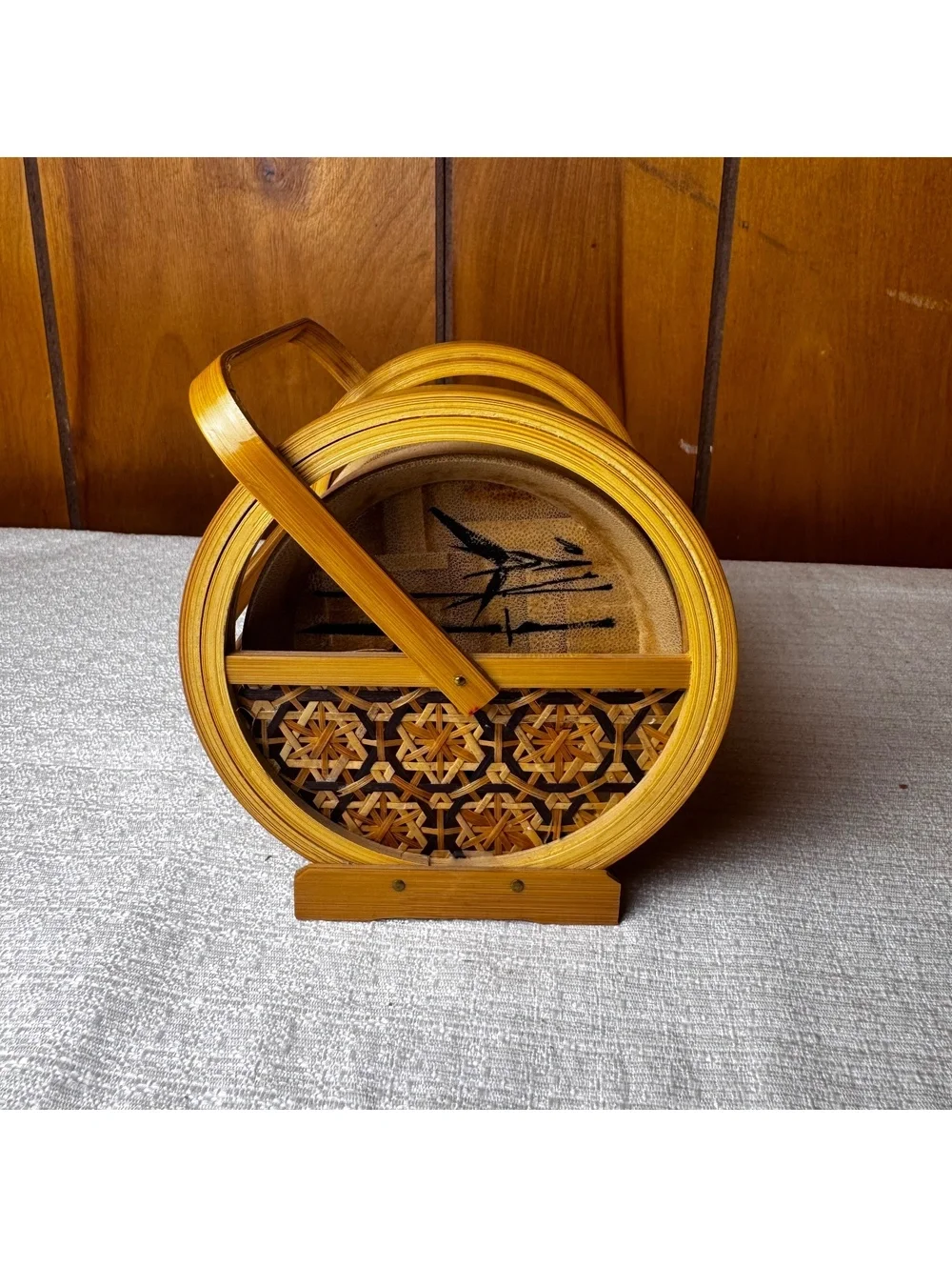 Vintage Bamboo Coaster Set of 6 With Handled Holder Asian Bamboo Design